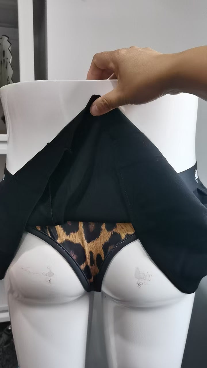 Black Cheetah Thong Mini Skirt